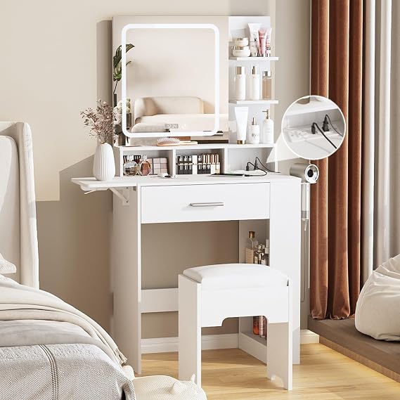 Fameill Vanity Desk with Mirror and Lights, Small Makeup Vanity