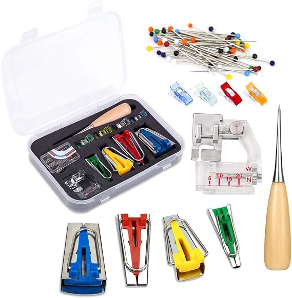 BUTUZE Bias Tape Makers Kit, Multiple Size Binding Tape Maker | Sewing Awl, Positioning Pin, Adjustable Binder Clip,Wooden Awl,Foot Press -Practical Bias Tape Maker Set for Sewing/Quilting