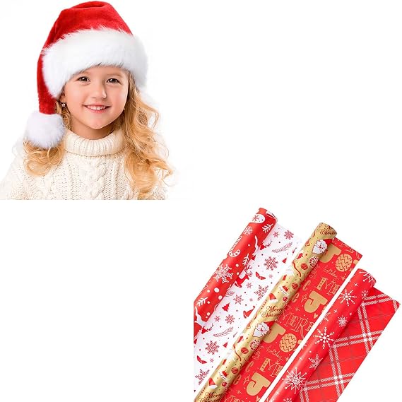 RJVW Kids Santa Hat and Christmas Gift Wrapping Paper Rolls