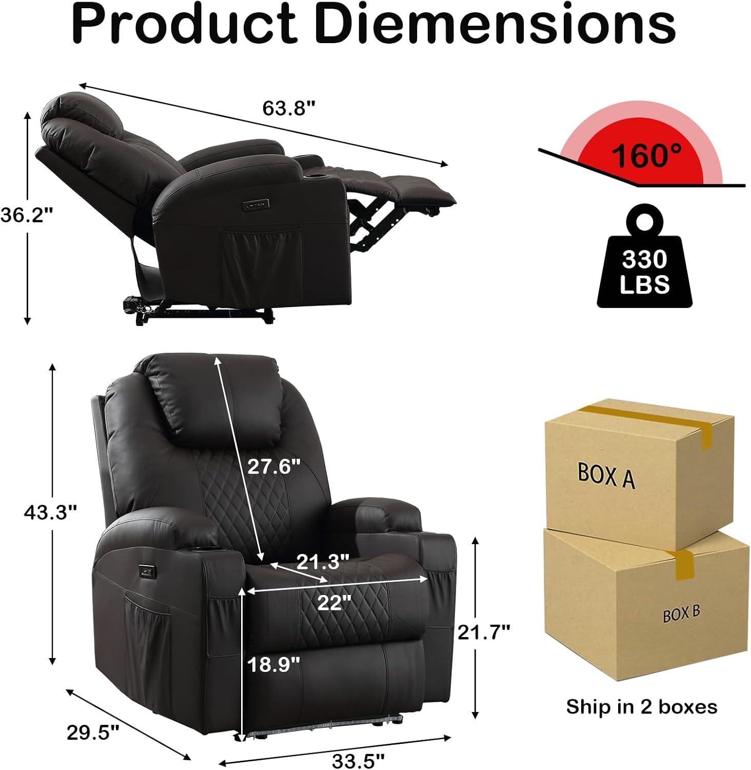 Power Recliner Chairs for Adults - Home Theater Seating with Heat and Massage - Brown 1111, Single Recliner