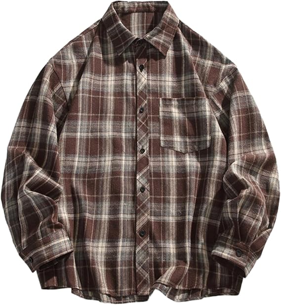 Men's Button-Down Shirt American Retro Plaid Long Sleeve Loose Casual Commute Top for Men