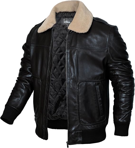 STREGA Men's Leather Bomber Aviator Jacket Top Grain New Zealand Lambskin Leather with Diamond Quilted Lining