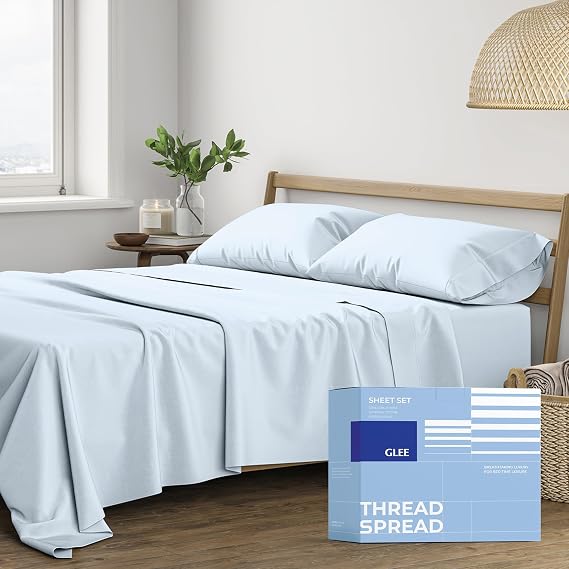 THREAD SPREAD Egyptian Cotton Sheets King Size - Luxury King Size Cotton Sheet Sets 400 Thread Count (4 PC, Light Blue), 16 in Deep Pocket Soft, Cooling & Breathable Sateen Weave Hotel Bed Set