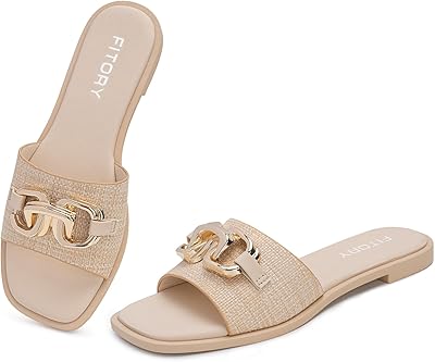 FITORY Womens Flat Sandals Fashion Slides With Soft Leather Slippers for Summer Size 6-11