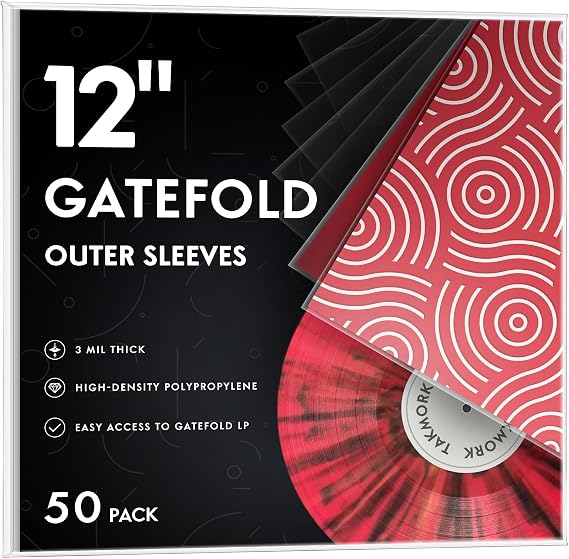 TAKMORK Gatefold Vinyl Outer Sleeves, 12" 3 Mil Crystal Clear, 50 Pack