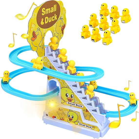 Small Ducks Climbing Toys,Electric Little Duck Climbing Stairs Toy,Roller Coaster Toy Set with LED Flashing Lights & Music,Duck Track Slide Toy Gift for Toddlers Kids Age 3
