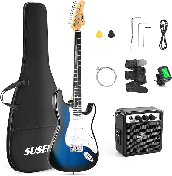 Susen 39Inch Solid Full Size Electric Guitar Beginner Kit,Electric Guitar Starter Kit,S-S-S Pickups With 5W Amp,Strings, Pick,Tremolo Bar,Bag,Strip,Tuner.Cable,Blue