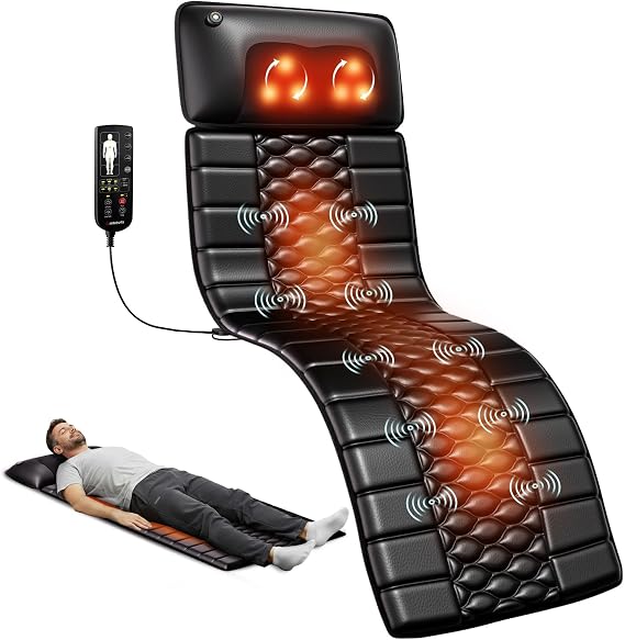 PU Leather Full Body Massage Mat with Heat, Detachable Massage Pad | 10 Vibrating Motors, Kneading Pillow, Massager Mattress for Back Neck Legs, Bed Sofa Chair, Relaxation at Home Office, Gift