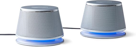 Amazon Basics PC Laptop Speaker 2.0 1/8" Aux Input USB Power 1 Pair Silver