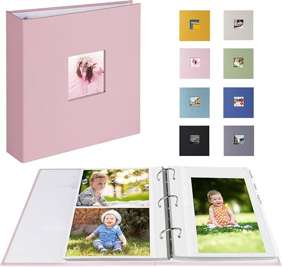 Photo Album 4x6 or 5x7, 3 Ring Binder, Linen Cover, Pink | Hold 200 4x6 Photos or 100 5x7 Pictures, 6-Tab Index Dividers, Acid Free, For Family Wedding Baby