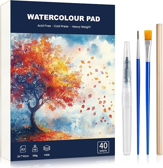 A3 Watercolour Paper Pad, 40 Sheets, 300Gsm Cold Press with Brush Set