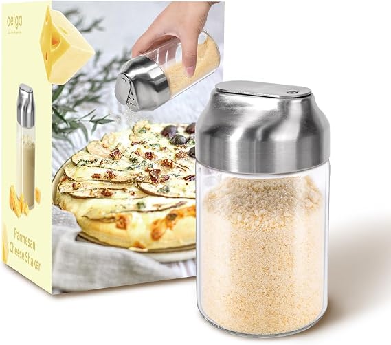 Parmesan Cheese Shaker Sugar Container - 12 OZ Glass Seasoning Spice Shakers with Adjustable Large Holes, Salt & Pepper Shakers with Stainless