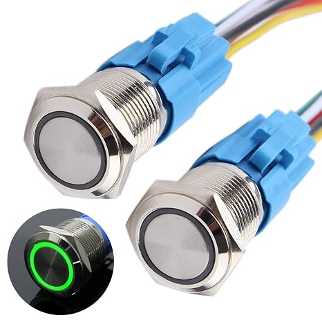 2PCS 16MM Latching Push Button Switch 12V-24V Halo Ring Green Led with Wire Socket Plug