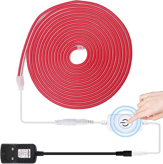 Dimmable LED Neon Light Strip Kit, 5m Red Neon Rope Light + ITOUCH Dimmer Switch + 12V DC Power Supply, Flexible and Waterproof for Home DIY Commercial Decor [Energy Class F]