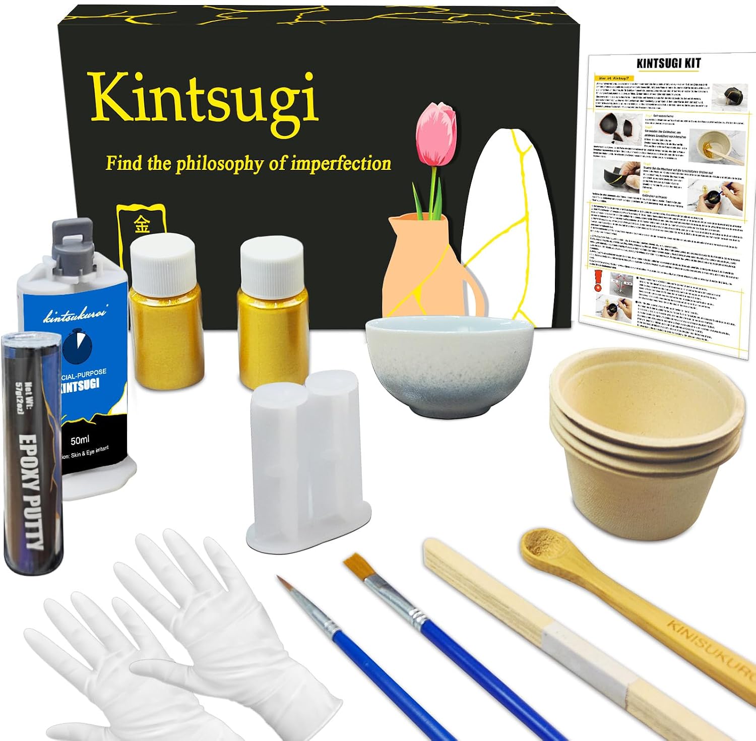 Kintsugi Repair Kit Gold, Kintsugi kit Repair Your Cherish Ceramics with Gold Glue & Putty, Starter Ceramic for Handmade Beginner