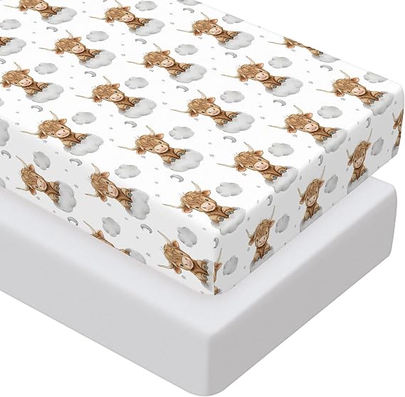 Peryiter 2 Pack Highland Cow Baby Crib Sheets for Boys Girls Western Bed Sheet Set Fitted 52'' x 28" for Standard Crib Mattress Stretchable Soft Toddler Aesthetic Nursery Decor
