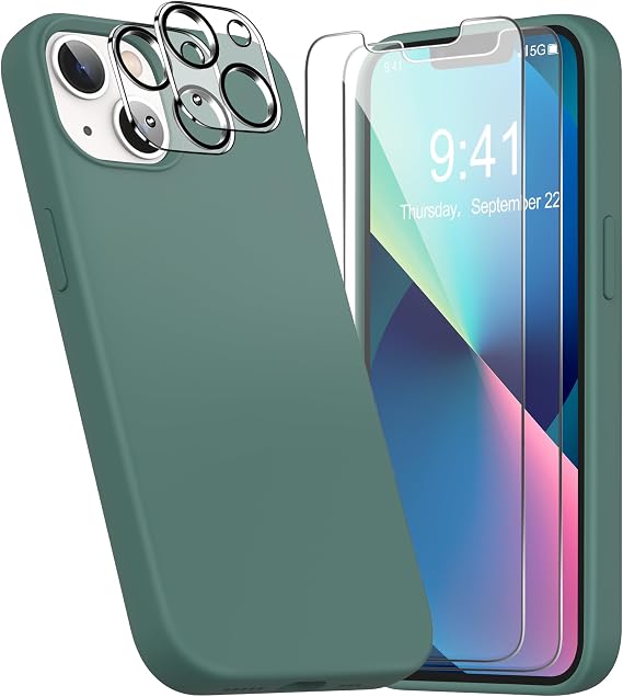 YATWIN Liquid Silicone for iPhone 13 Case with 2X Screen Protector + 2X Camera Lens Protector, Slim Soft Drop Protection Shockproof Case for iPhone 13 - Pine Green