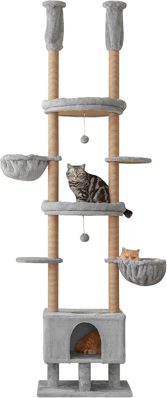 Cat Tree, Floor to Ceiling Cat Tower Adjustable Height 235-258cm, 7 Tiers Cat Climbing Play House with Fully Sisal Scratching Post, Cozy Condo & Hammocks for Indoor Cats, Beige 