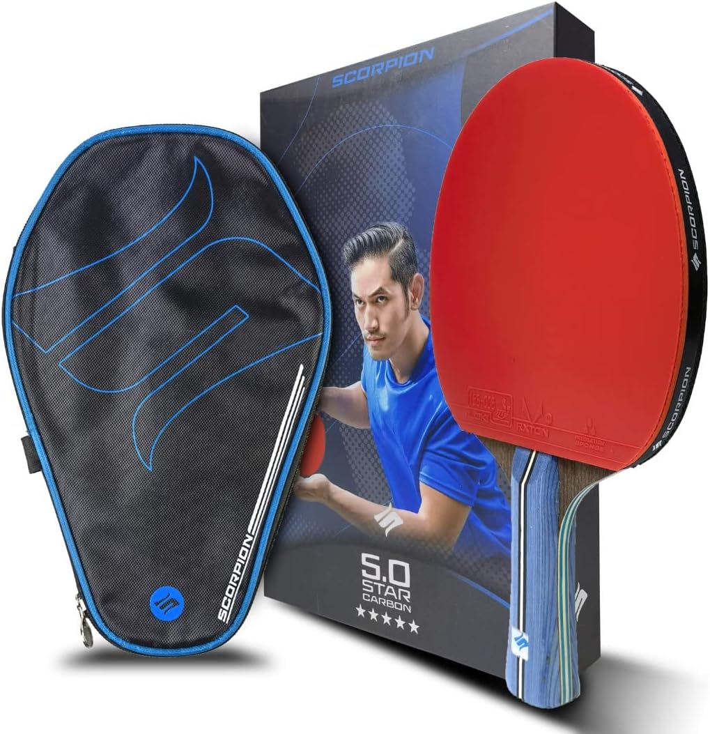 Scorpion Table Tennis Bat, Professional Ping Pong Racket, ITTF Approved Rubber, Stylish Case, 5-Star Carbon, BlackRed, 7 ply Real Wood, 2.15 mm Sponge