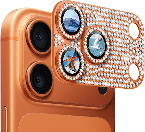 1-Pack Camera Lens Protector Compatible with iPhone 17 Pro, Glitter Rhinestone Metal Plate Tempered Glass Lens Screen Protector Phone Lens Cover for iPhone 17 Pro, Diamond Orange