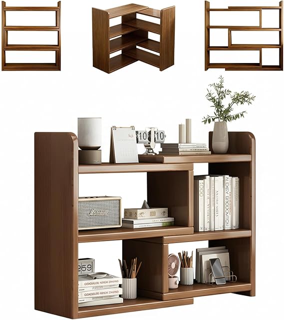 Wooden Expandable Bookshelf, Low Space-Saving Expanding Bookshelf, Adjustable Shape and Width for Corner, Horizontal Shelf, Extendable Bookcase for Living Room, Bedroom, Office