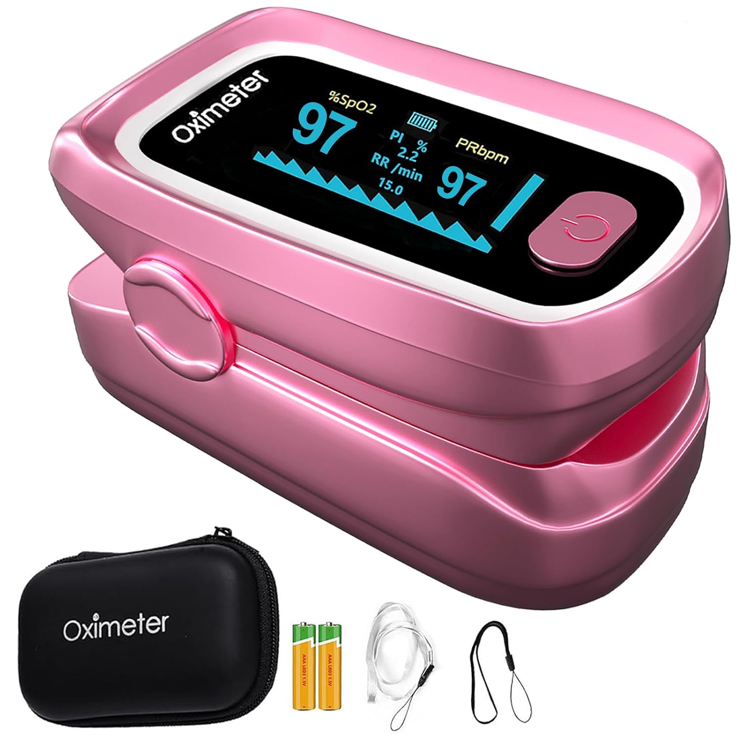 Pulse Oximeter with Respiration, Respiration Rate Monitor, Pulse OX with Respiration Counter, O2 Pulse Oximeter Finger, Oxygen Monitor Fingertip, Oximeter with Bag, and Lanyard Pink