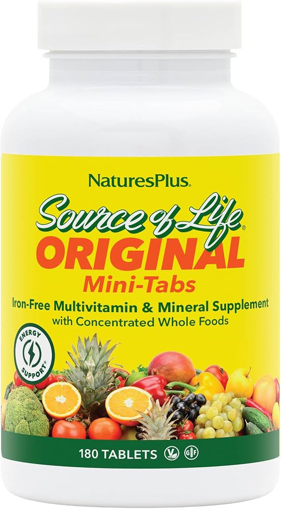 NaturesPlus Source of Life No Iron - 180 Mini-Tabs - Multivitamin & Mineral Supplement - Supports Natural Energy & Overall Well-Being - Gluten Free, Vegetarian - 30 Servings