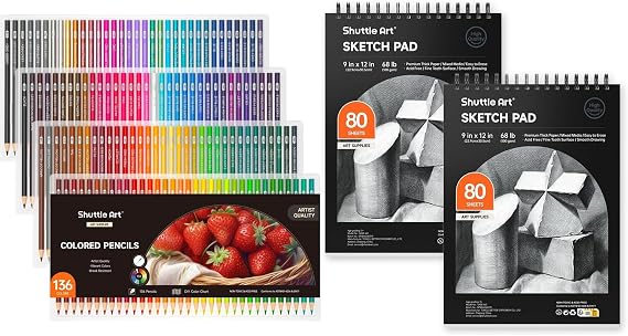 Shuttle Art Colored Pencils Bundle, Set of 136 Colors Colored Pencils + 160 Sheets Artist Sketch Books