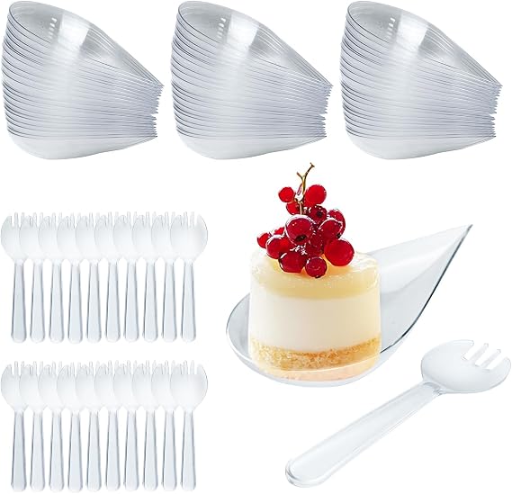 200 Pcs Tear Drop Mini Appetizer Plates with Tasting Forks, 4 Inches