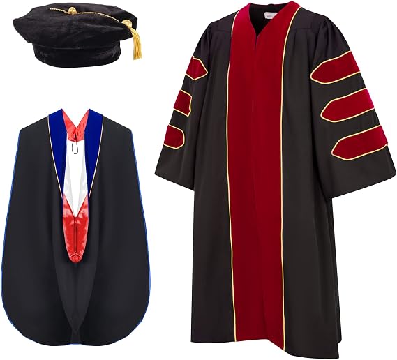 Unisex Deluxe Doctoral Graduation Gown, Hood and Tam 8 Sided Package