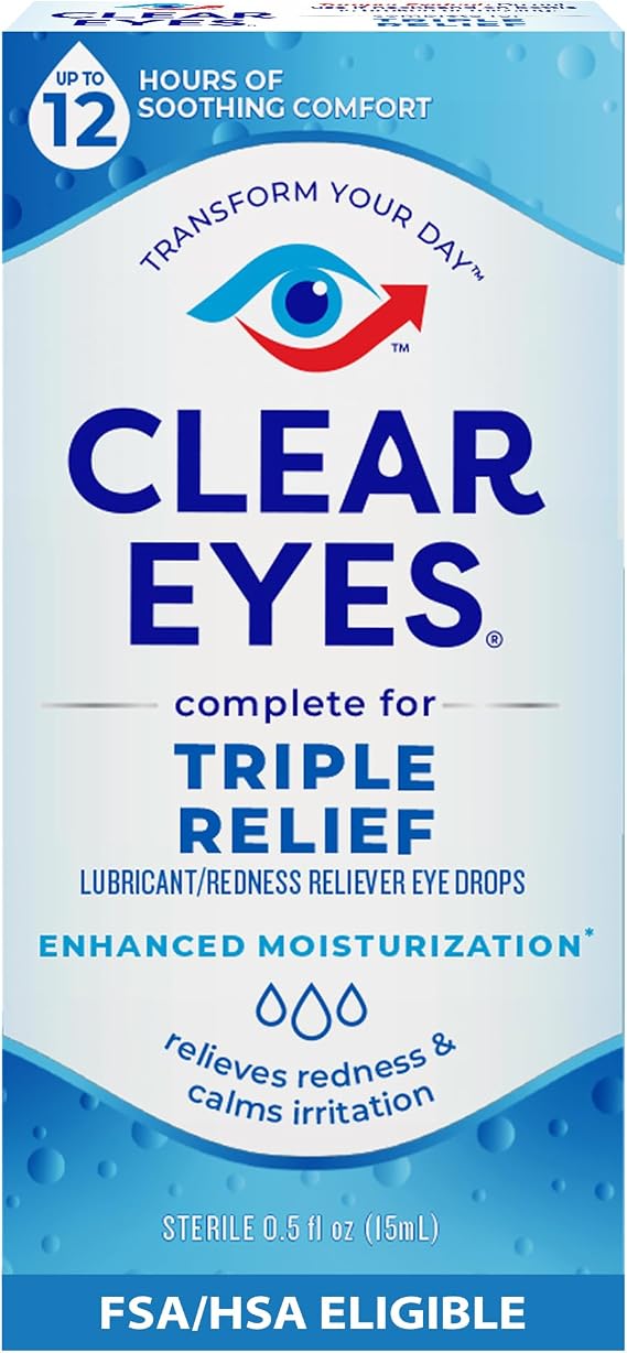 Clear Eyes Triple Relief Eye Drops for Redness, Irritation and Dry Eyes, 12 Hours of Soothing Comfort, 0.5 Fl Oz