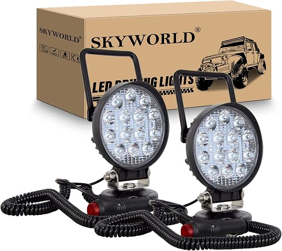 SKYWORLD Magnetic Mount LED Work Light, 2PCS 4 Inch 27W Round Spot Off Road Driving Fog Lamp 12V 24V with Portable Magnetic Base Holder for Truck