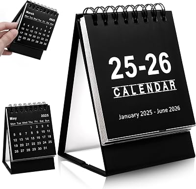 Mini Desk Calendar 2025.1-2026.6 Small Desktop Calendar 2025-2026 Standing Flip Calendar Small Desk Calendar 2025-2026 for Home Office School Black