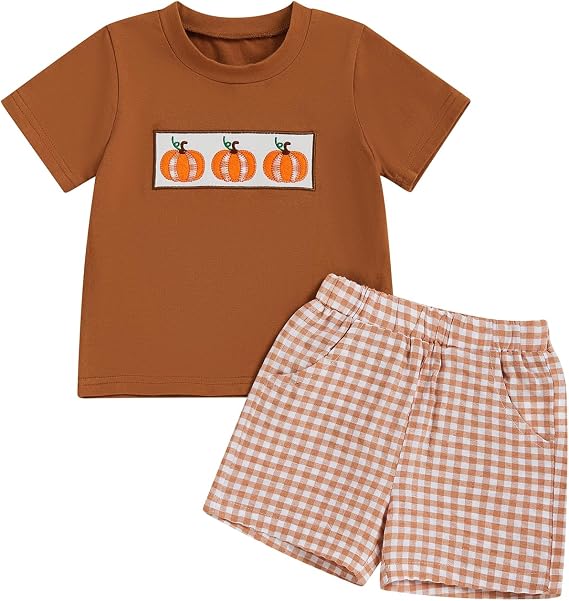 Toddler Boy Halloween Outfit Pumpkin Embroidery Short Sleeve Shirt Plaid Shorts Toddler Boy Halloween Clothes