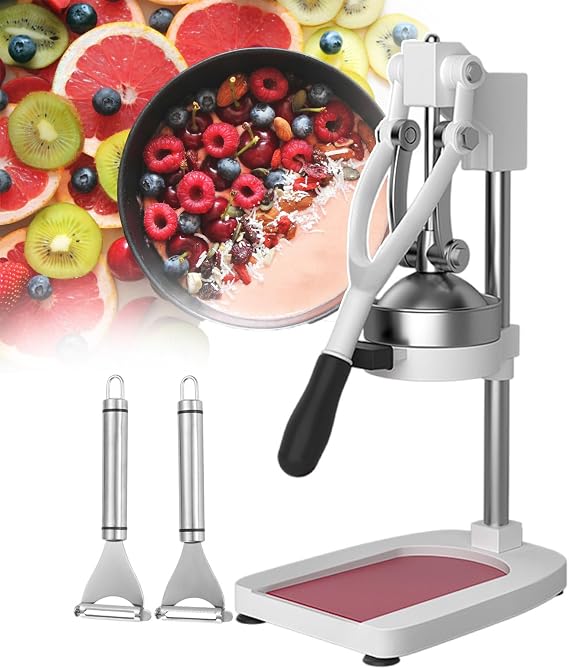 Hand Press Juicers Professional Fruit Squeezer and Crusher with 2 Peeler, Commercial Juicer Machine with Cast Iron Base & Suction Cup Foot for Lemon Orange Tomato Watermelon Juice,white