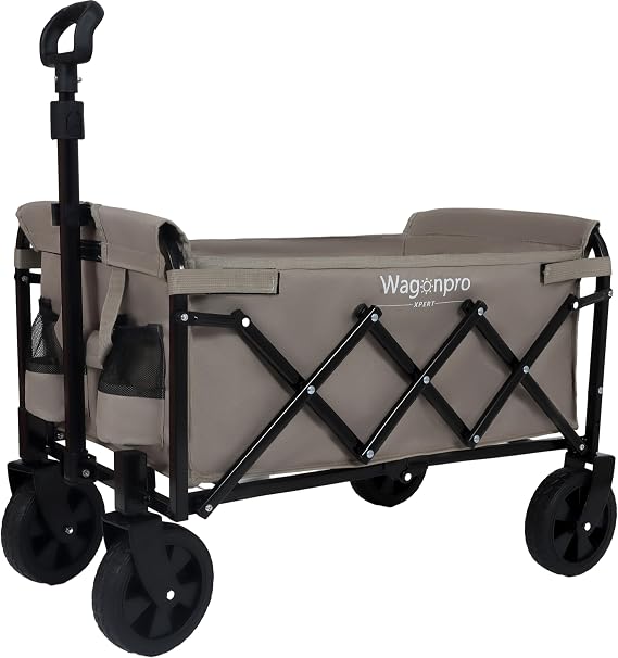 All-in-One Convertible Folding Wagon Cart with Bench Seat, 6" All-Terrain Wheels, Storage Compartment, Lightweight Utility Collapsible Wagon with Dog Tether for Camping, Beach, Grocery (Beige)