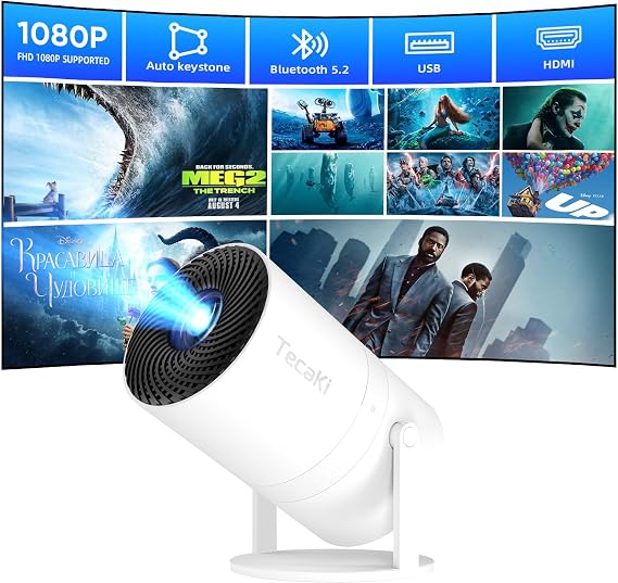 Mini Portable Projector 4K 1080P Supported Projection,Movie Smart Projector with 180Rotatable Stand Auto Keystone Correction, Compatible with TV Stick, HDMI, USB, Laptop, Smartphone