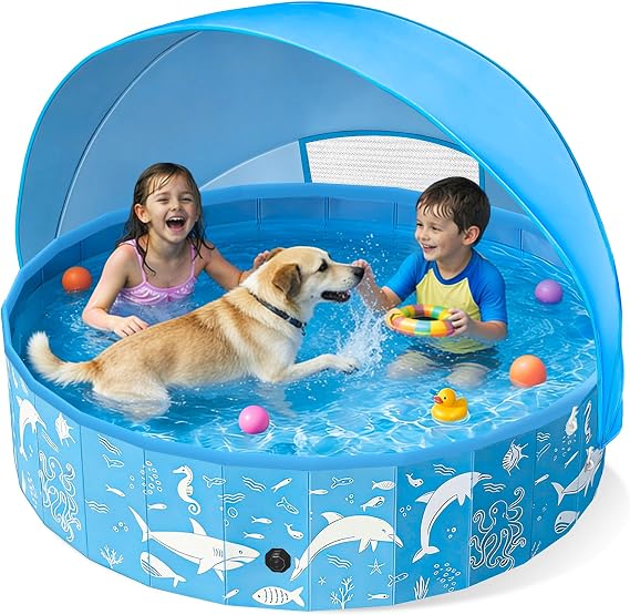 Instraella Dog Paddling Pool with Canopy, Large Dog Pool with UV Protection, Foldable Paddling Pool for Kids & Dogs, Thickened Pet Swimming Pool, Portable Dog Bath Tub for Small, Medium, Large Pets