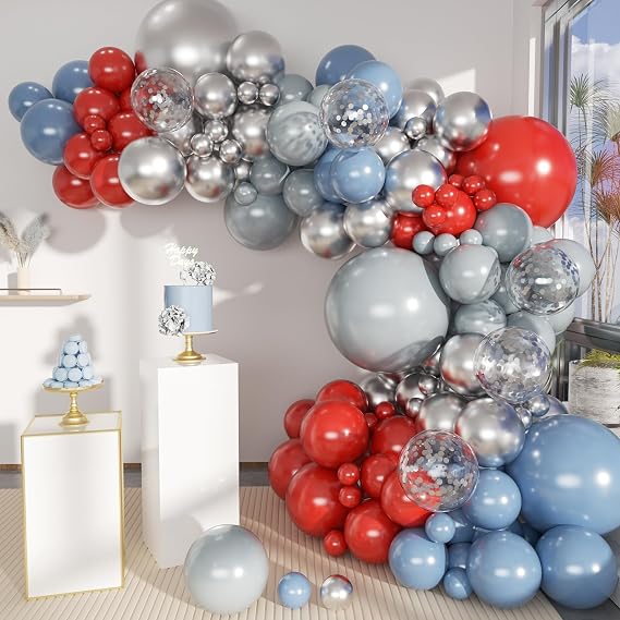 MEBAY Dusty Blue Gray Red Silver Balloon Arch Kit, 141 Pcs Dusty Blue Retro Grey Metallic Silver Red and Silver Confetti Balloons for Birthday Wedding Baby Bridal Shower