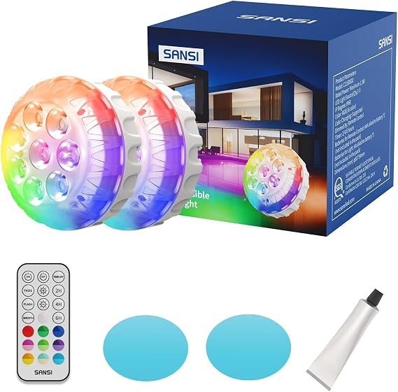 SANSI LED Submersible Lights Pro 2 Packs with Remote, 20 RGB Color Changing