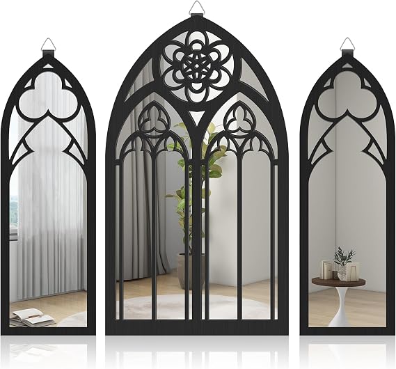 NIHUIFDPY 3Pcs Gothic Mirrors Wall Decor, Arched Mirrors Wall Mounted, Vintage Cathedral Arch Wood Framed Mirror, Decorative Goth Mirror Sticker with Hanging Ring for Bedroom Living Room (G model)