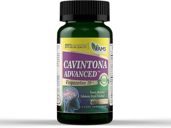 America Medic & Science Cavintona Advanced Supplement Vinpocetine 20mg for Memory, Recall & Brain Health Supports Cognitive Function, Focus, Mental Clarity & Blood Flow 60 Capsules
