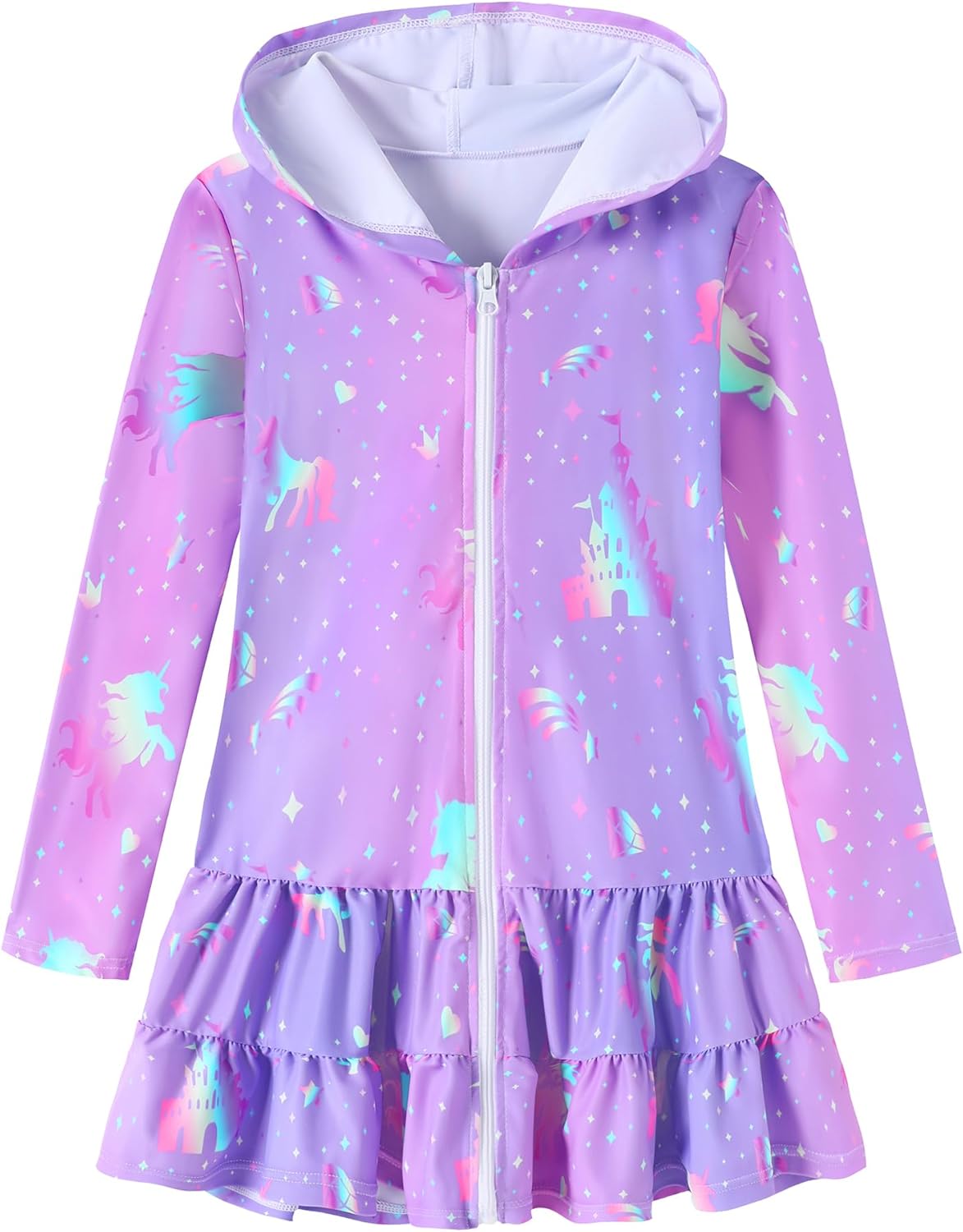 Girls Swim Cover Up Dress Long Sleeve Hooded Zip Up Bathing Suit Cute Ruffle Coverup Kids Pool Beach Robe 4-10Y