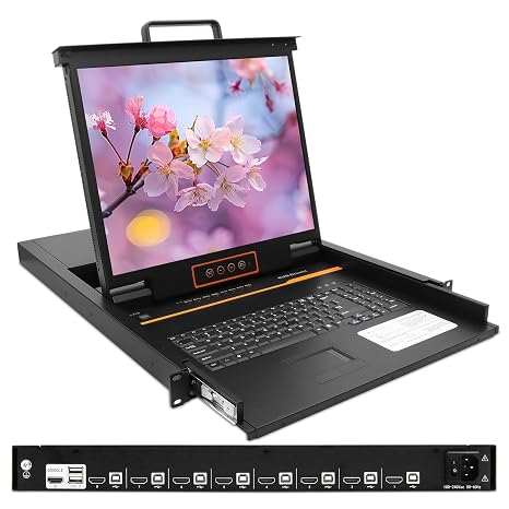 1U Rack Mount KVM Console Built-in 8 Port HDMI KVM Switch, 19" Rackmount Monitor, Keyboard and Touchpad, OSD/Hotkey/Button Switching,1280X1024@60Hz, 5:4 Aspect Ratio, Incl. KVM Cable and Ground Wire