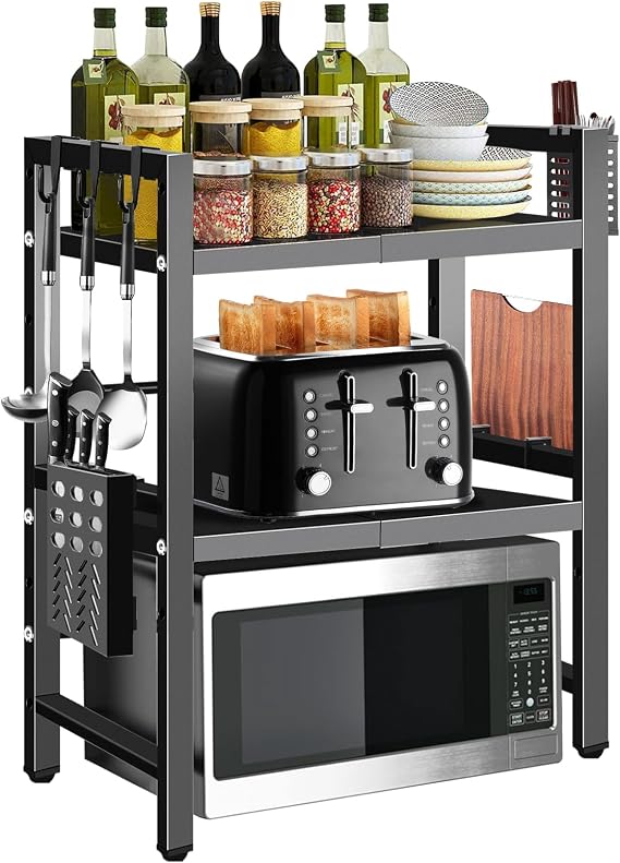 Three Tier Expandable Microwave Rack Kit, Space Adjustable Microwave Shelf Stand with 6 Hooks + Cutting Board Holder + Utensil Holder for Kitchen Countertop Organizing (Extendable from 40-60cm)