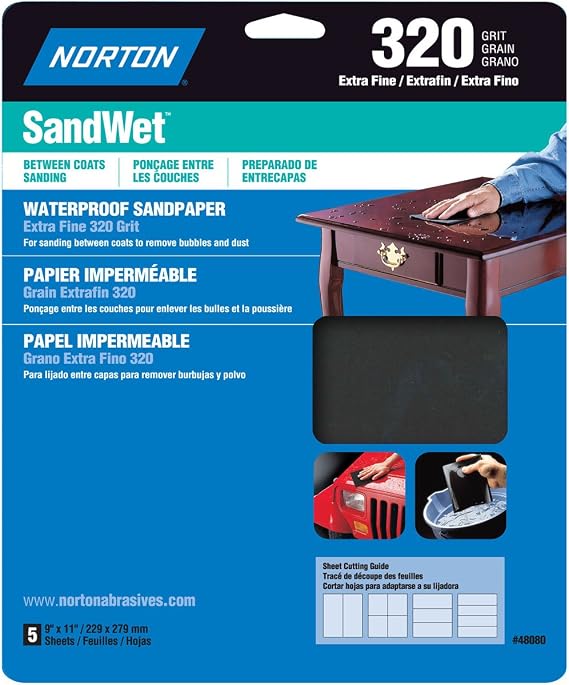 Norton 48080 Sand Wet Sandpaper 320 Grit, 9-Inch x 11-Inch, 5-Pack