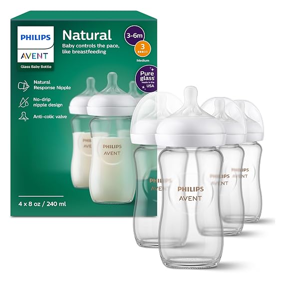 Philips Avent Natural Glass Baby Bottles, Medium Flow, 8 oz, BPA-Free