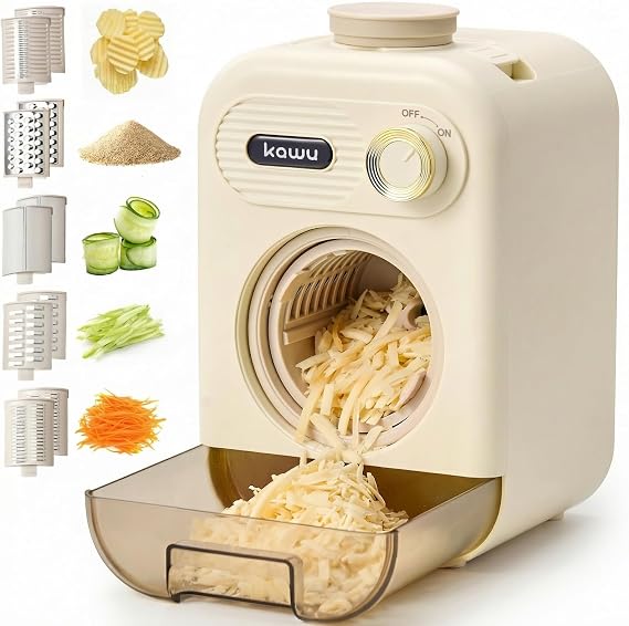 Kawu Electric Cheese Grater, 5-in-1 Automatic Vegetable Slicer Shredder | Salad Maker Food Processor with Container and 10 Blades, Veggie Chopper for Block Cheese, Cabbage, Fruits for Home Kitchen