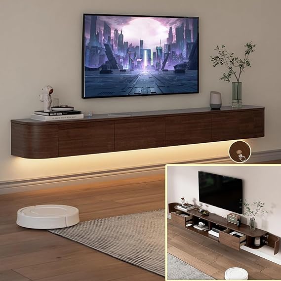 Floating TV Stand, Solid Wood Wall TV Shelf with Door, TV Media Console, TV Bench for Under TV (Brown + LED, 240x30x20cm)