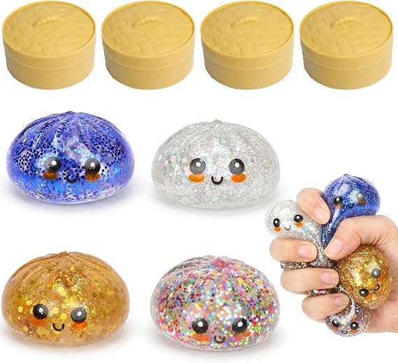 4 Pack Glitter Squishy Toys Dumpling Mystery Box Set | Slow Rising Kawaii Dumpling Stress Balls with Steamer Box, Cute Fidget Sensory Toys for Kids & Adults